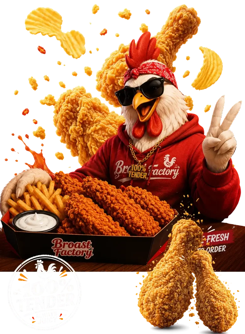 The Broast Factory hen mascot with a tray of tenders
